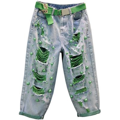 Bunte Löcher Jeans Damenmode Perlen Hohe Taille Lose Jeanshose Lässige dünne übergroße Cropped-Hose Sommer-Harlan-Hose