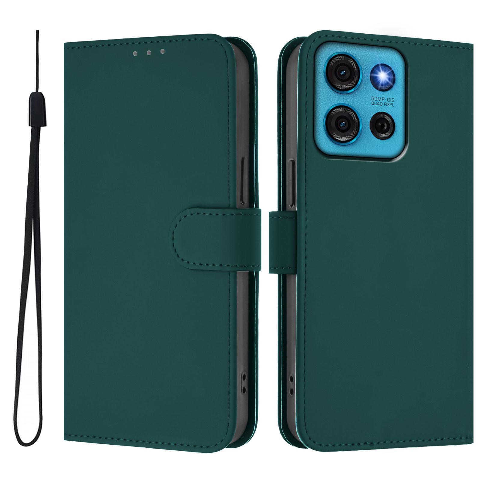 

For Motorola Moto G75 5G Case Solid Color Wallet Leather Phone Cover with Strap Dark Green