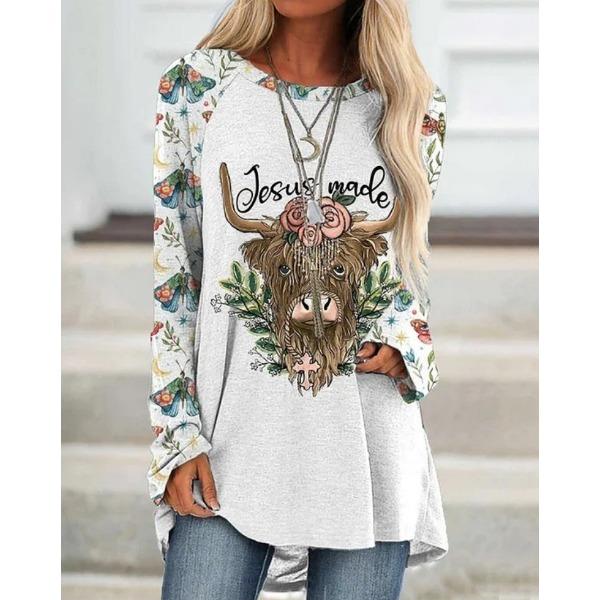Round Neck 3D Ethnic Style Printed Top Fashionable Casual Long Sleeved Women's T-shirts