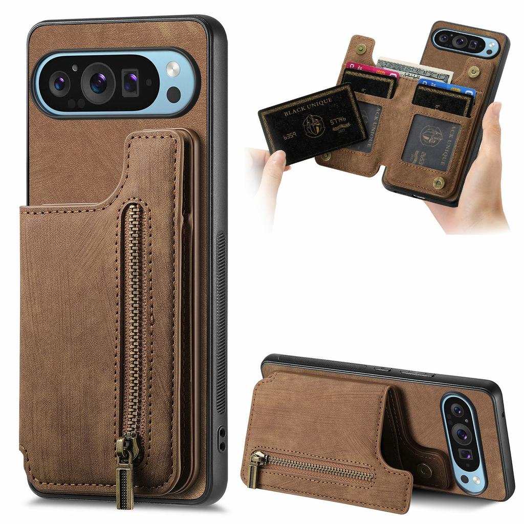 For Google Pixel 9 Pro XL Case with Card Holder Retro Leather+TPU Zipper Phone Cover