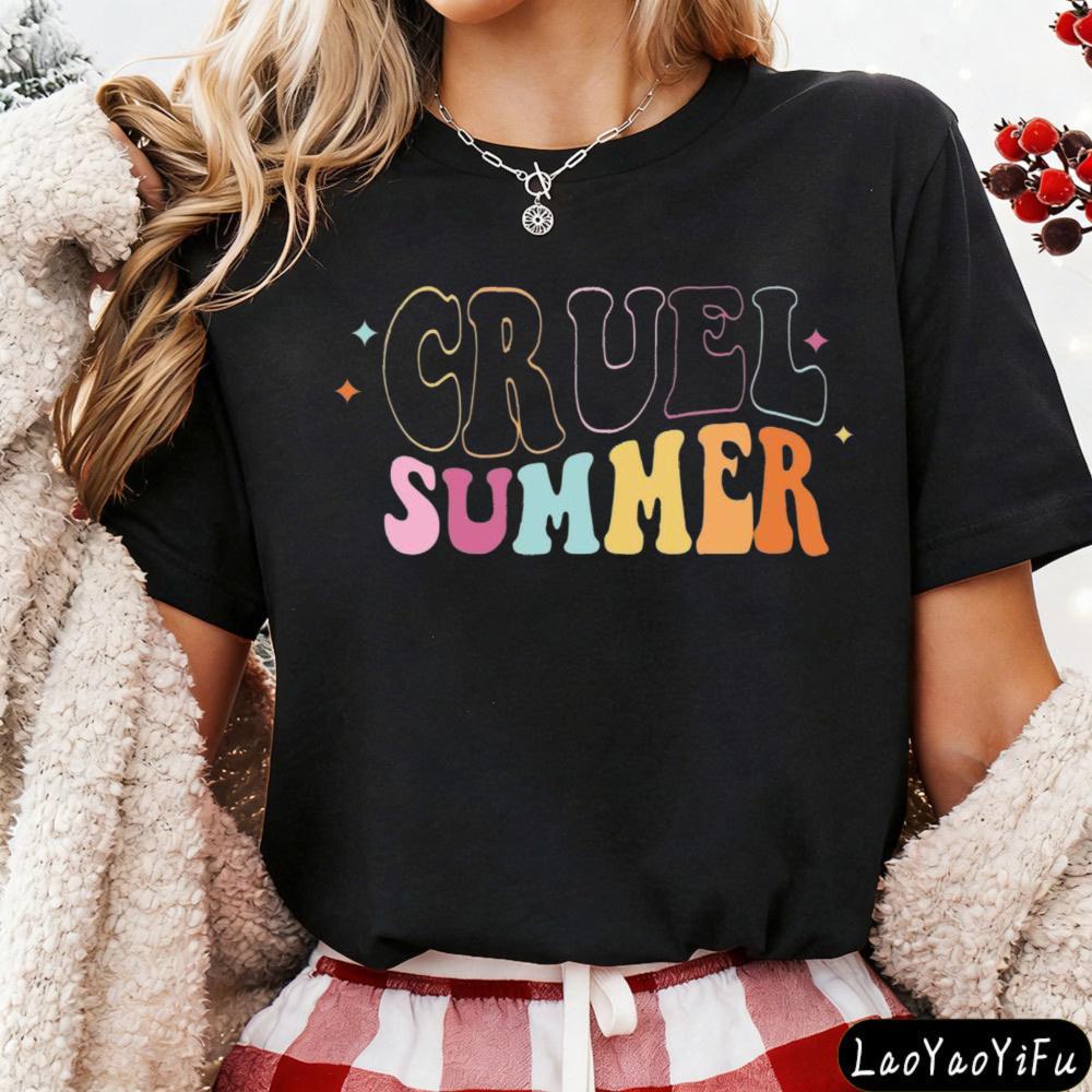 Cruel Summer Retro Groovy Schriftzug Grafik T-Shirt Modern und Trendig Unisex Baumwolle Kurzarm Sommer Lässig Alltag T-Shirt
