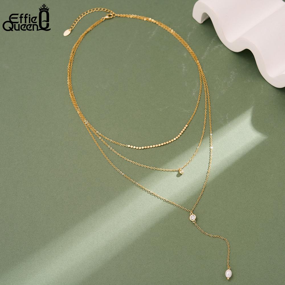 EFFIE QUEEN 925 Pure Silver Elegant Zircon Pendant Y Necklace with Pearl For Women Layered Y Shape Chain Necklace Gift BQN35