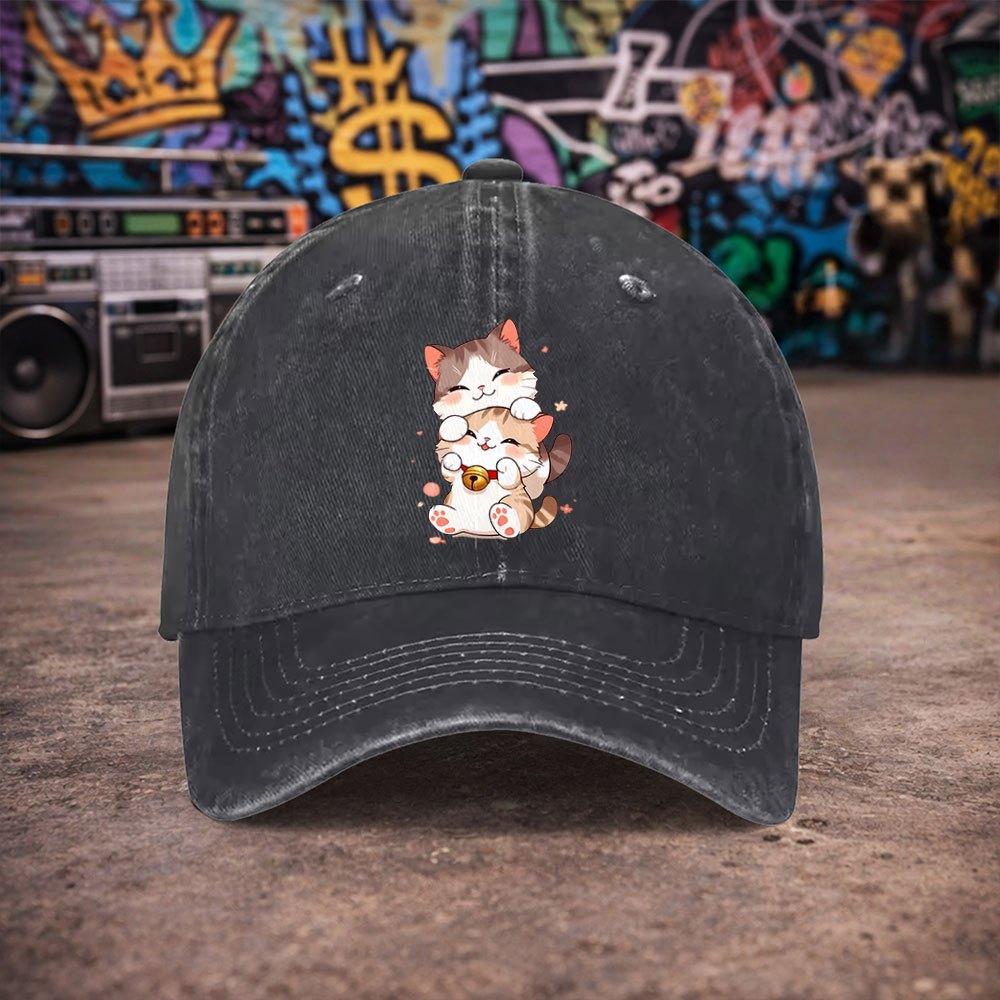 Pc Pcs Unisex Vintage Washed Baseball Cap Suitable for Parties Lightweight Hook Loop Duckbill Hat with Cute Kitten Print W