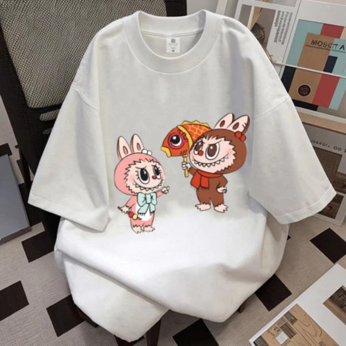 

2025 Labubu из чистого хлопка с круглым вырезом мужская и женская повседневная удобная с коротким рукавом S