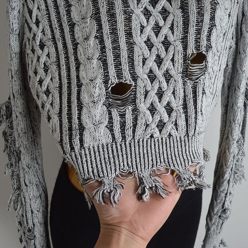 Retro Fashion Design Ripped Tassel Long sleeve Knit Women Spring and Autumn Idle Style Pullover Sweater All-Matching Top