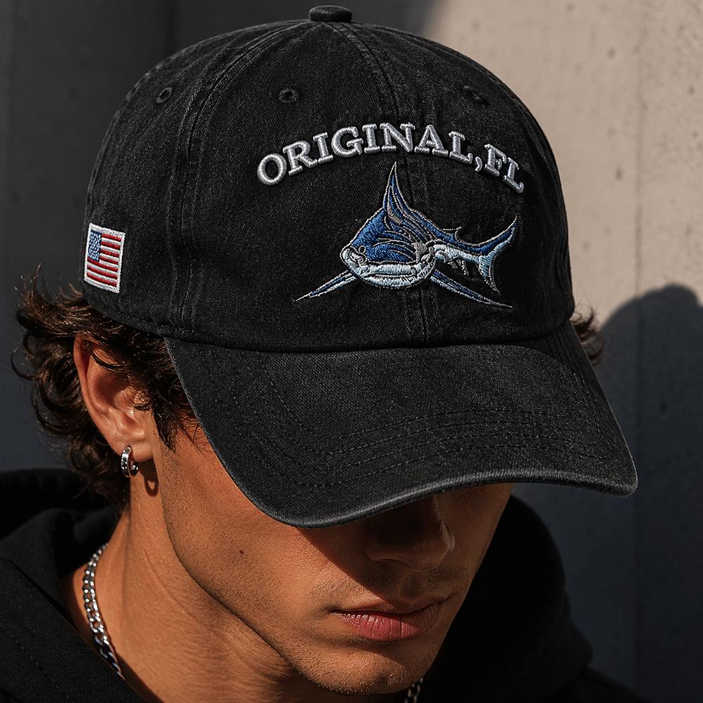 Washed Cotton Shark Embroidered Baseball Cap Hip Hop Adjustable Outdoor Fishing Hat Sunscreen American Flag Patch