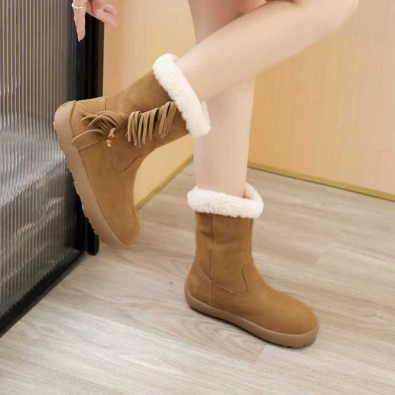 Leather snow boots women's winter new boots fleece warm round head comfortable versatile thick-soled cotton boots women's shoes