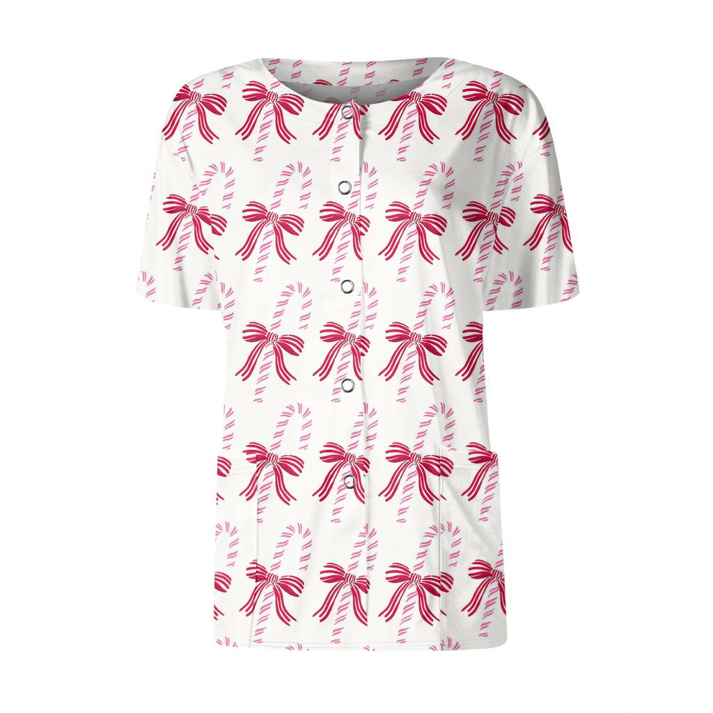 Women's Short Sleeved Patterned Pockets, Work Print Stand Up Collar, Single Breasted Protective Clothing, Cardigan Jacket, Top