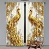 2 pieces of golden peacock design printed curtains, pole bag curtains, bedroom and living room, home decoration, room decoration