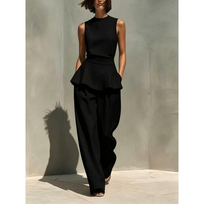 European and American new women's sleeveless vest vest ruffle edge wide-leg pants cotton and linen two-piece women's clothing