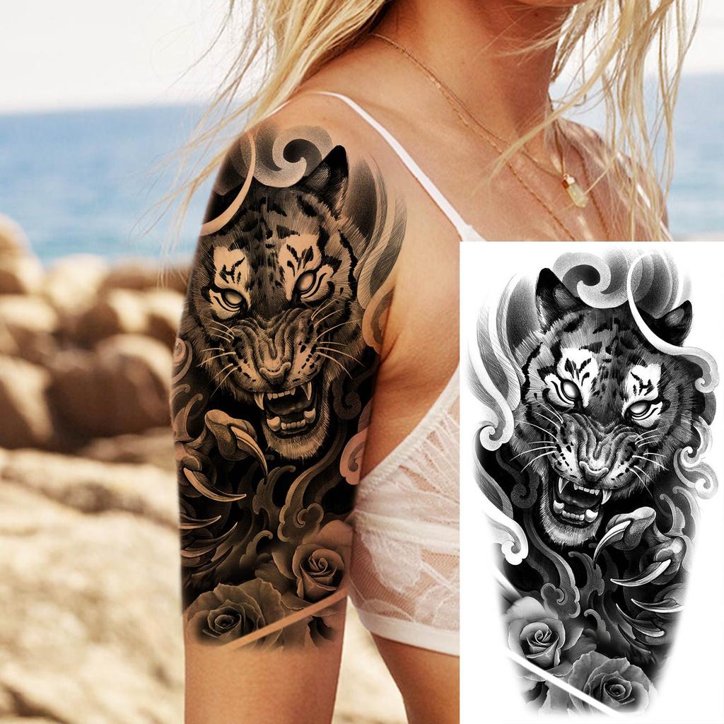 1 Sheet Lion Wolf Skeleton Nun Tiger Black Temporary Tattoos For Men Adult Leg Arm Compass Flower Fake Tattoo Sticker Waterproof
