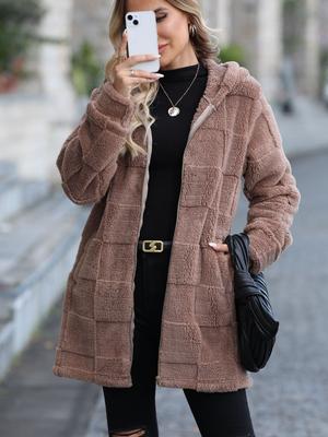 Fluffy Fleece Autumn Winter Women's Loose Hooded Long Cardigan Overcoat