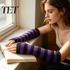 Stylish Half Finger Gloves Striped Knitted Arm Warmers for Women, Fingerless Sleeves, Soft Winter Daily Commuting Gear Thermal Wrist Autumn
