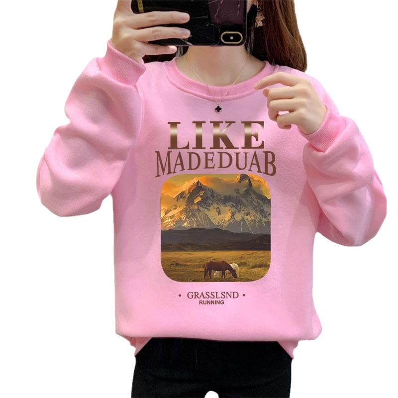 Unisex Korean Style Casual Letter Print Plus Velvet Sweatshirt, Long Sleeve, Round Neck, Loose Fit for Autumn/Winter.