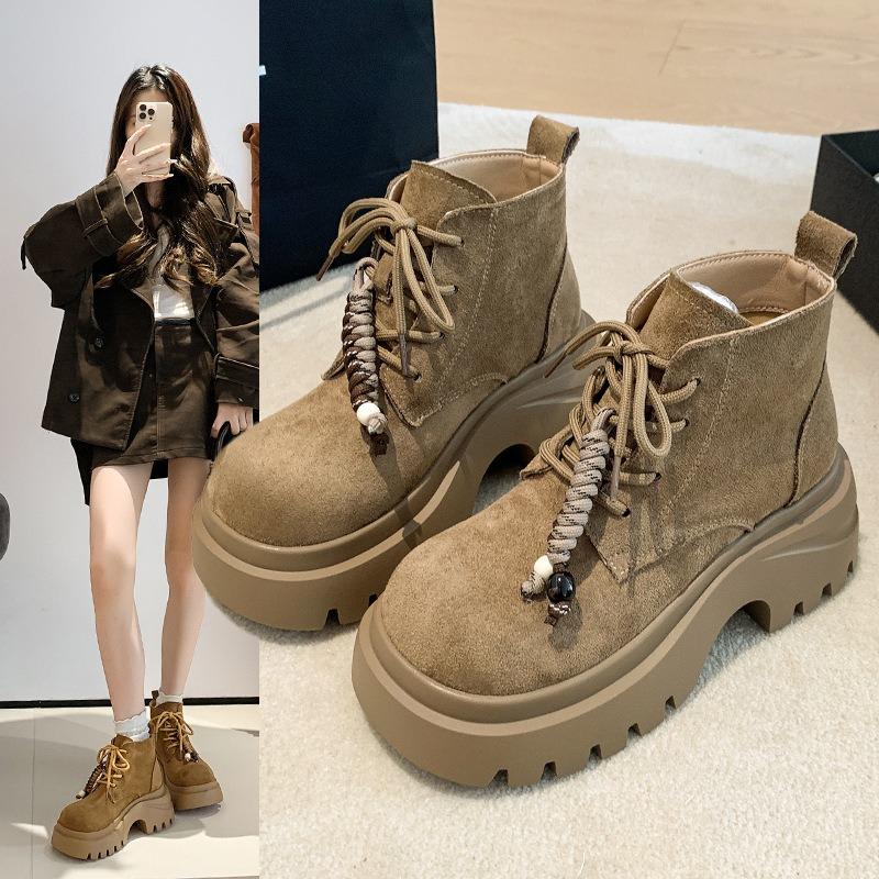 Retro beaded round head short boots autumn new fashion Martin boots for women small height-increasing thick-soled boots for women