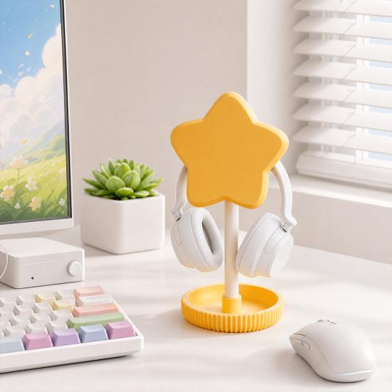 Cute Star Headphone Stand with Storage Tray, 3D Printed PLA Headset Hanger & Desk Organizer, Macaron Color Gaming Office Decor, Multi-Functional