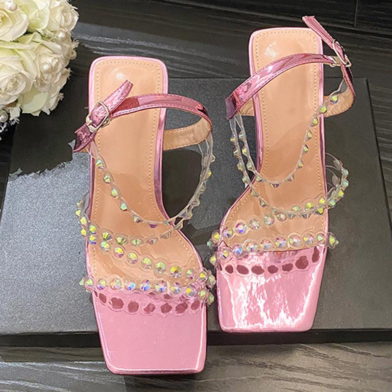 Mode Rosa Ankelsko Konstiga Höga Klackar Fest Bröllop Strass Sandaler För Kvinnor Fyrkantig Tå Pvc Genomskinliga Skor