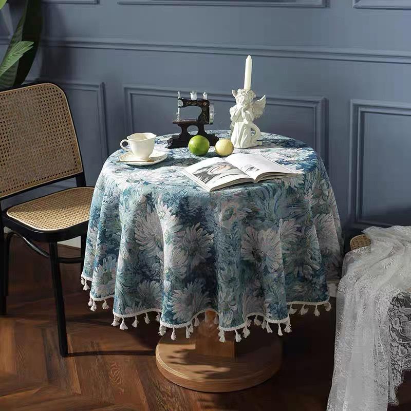 Retro Oil Painting Dyed Dining Table Mat Fringed Household Small Round Table Tablecloth Tablecloth Coffee Table Cover Waterproof