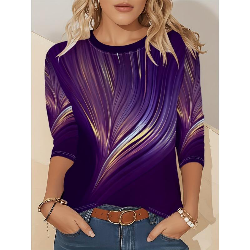 Ladies' Gradient Pink Blue Printed Long Sleeve T-shirt - Gradual Splicing Round Neck Casual Top