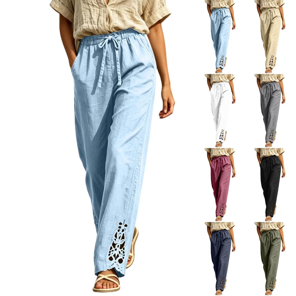 Women's Casual High Waisted Color Lace Trim Pants with Pockets