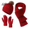 Thickened Thermal Accessories for Women Winter Hat Scarf Gloves Set Knitted Pom Warm Cute Gloves Solid Color Cozy Knit Men Cold Weather Autumn