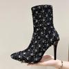 Cowboy High Heels Ankle Boots Women Bling Pointed Toe Shoes Chelsea 2024 Trend Sexy Stilettos Canvas Designer Snow Botas Mujer