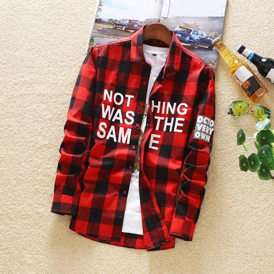 

Осенняя мужская рубашка с лацканами и длинными рукавами, однобортный клетчатый принт, теплый кардиган, одинаковые по цвету пуговицы