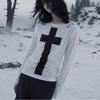 2026 Cross Print Crew Neck Cutout Slim Fit Long Sleeve T-Shirt Street Gothic Style Casual Top