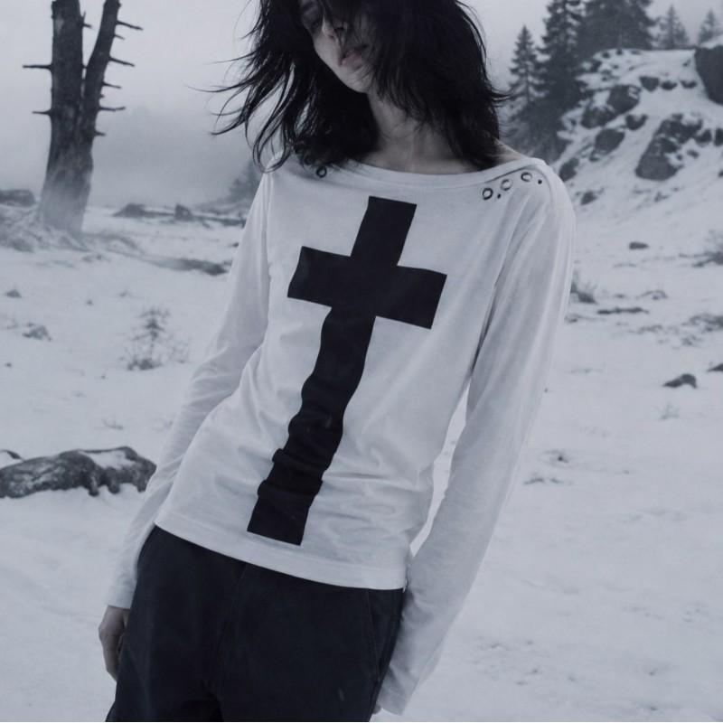 2026 Cross Print Crew Neck Cutout Slim Fit Long Sleeve T-Shirt Street Gothic Style Casual Top