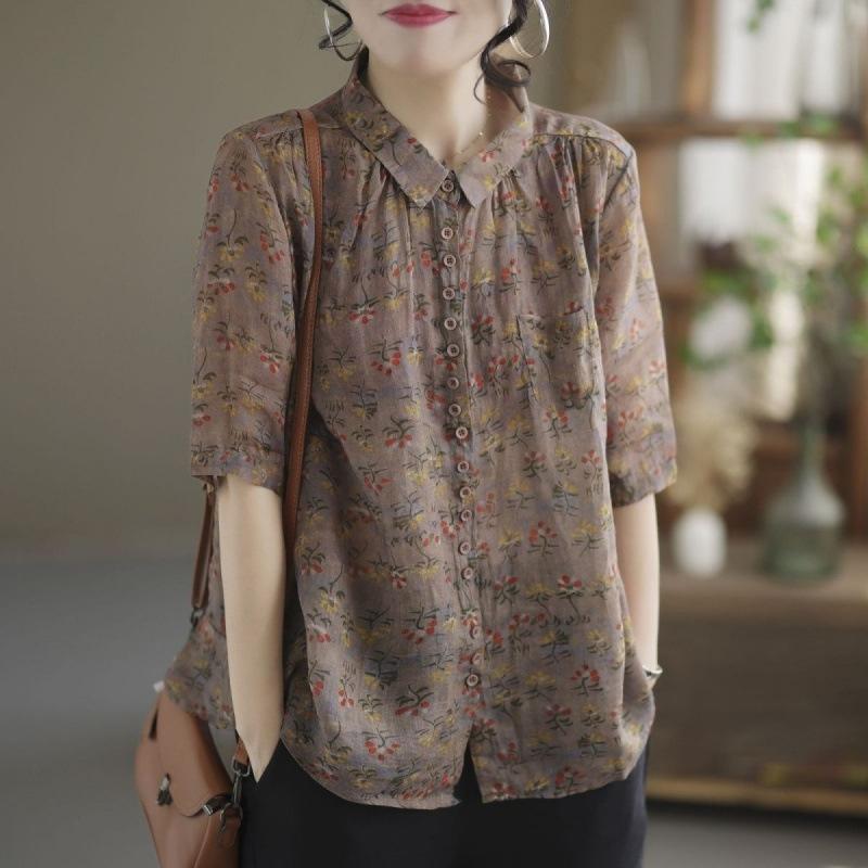 Plus Size Dames Zomer Losse Pasvorm Slankmakend Katoen Linnen Blouse met Knopen Bedrukt Patroon Casual Mode Kleding