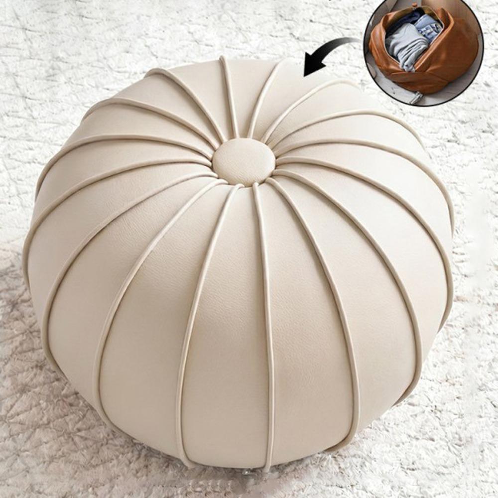New Leather Fillable Ottoman Pouf Round Shape Low Profile Round Pouf Cover Luxury Style Floor Seat Cushion Sofa Side Use