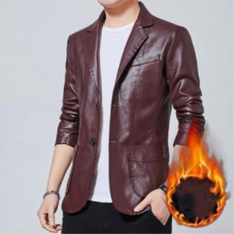Men's Autumn Business Slim-Fit Suit Collar Leather Jacket Youth Round Hem Single-Breasted Motorcycle Jacket