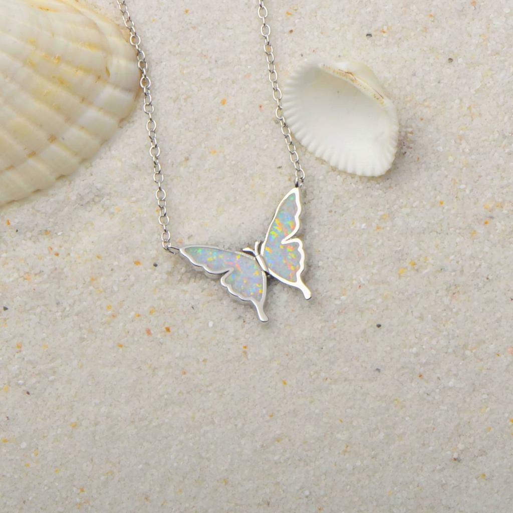 Iridescent Opal Butterfly Pendant Necklace with Silver Sweater Chain