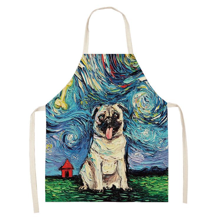 Schürze im Ölgemälde-Stil, Sternenhimmel-Hintergrund, Hund, Leinen, Baumwolle, kreative Eltern-Kind-Schürze, Familienküche