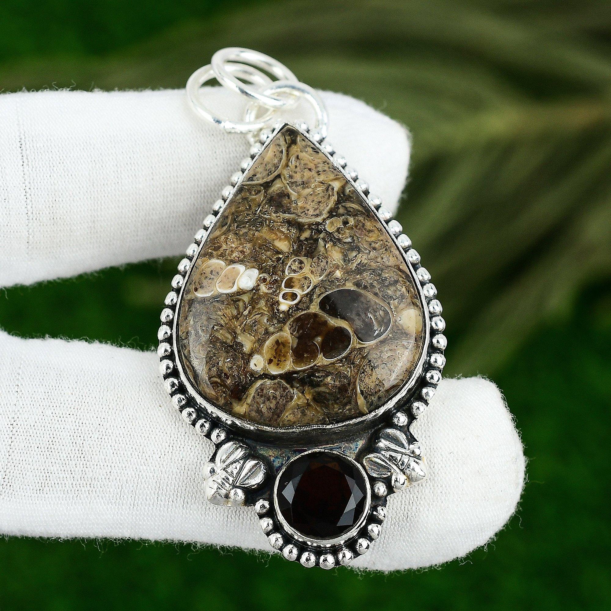

925 Sterling Silver Turritella Agate Gemstone Spinel Bezel Ethnic Sister Pendant