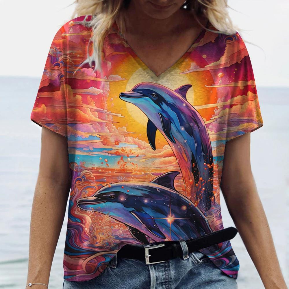 Women's Dolphin Print T-shirt V-neck Top Retro Aesthetic Clothing Oversized Funny Loose Fashion Novelty T-shirt