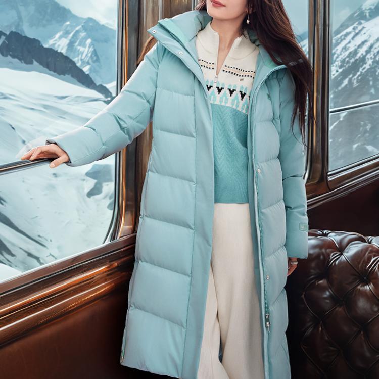 Fila Fleece Long Hooded Down Jacket Women Outerwear Stone-Blue F11W443905FLB