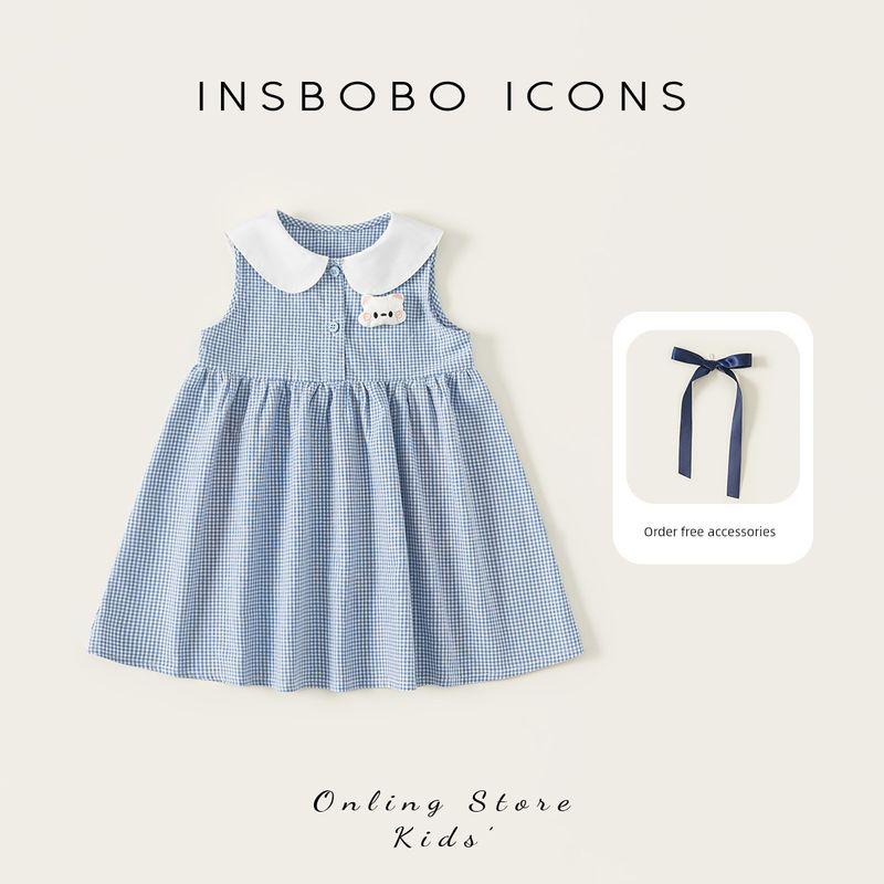 Insbobo Girl Dress Summer Thin Birthday Party Women s Baby Dress Kids Girl s Dress Preppy Style Baby Summer Clothing Blue grid 90
