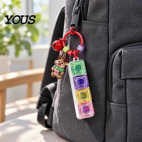 Portable Sensory Toy for Anxiety Christmas Mechanical Keyboard Fidget Keychain, Push Button Stress Relief Tree Hanging Ornament with Reindeer