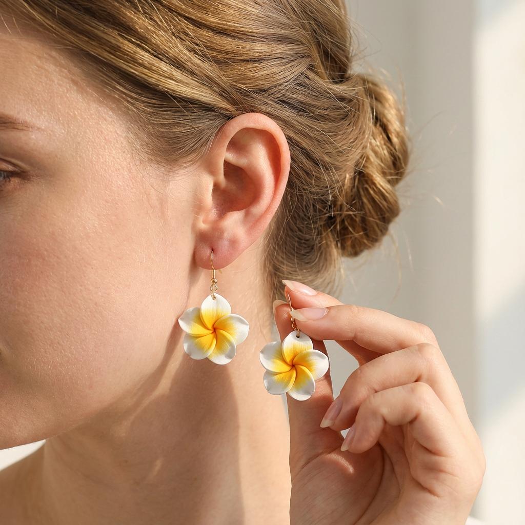 

Trendy Handmade Polymer Clay Plumeria Drop Earrings for Women Romantic Pink Flower Dangle Earrings Boho Summer Beach Jewelry