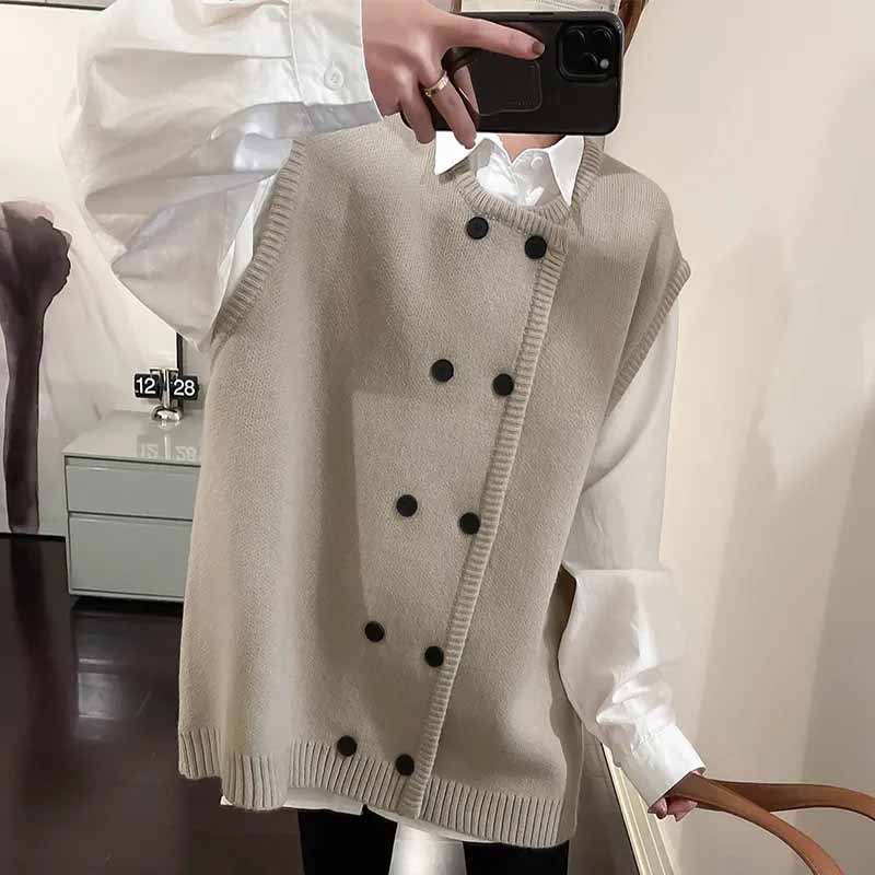Vest for kvinner Bomull Vinter Ermeløse topper Strikket genser vest Fortykket Dobbelt rad med knapper Casual V-hals vest
