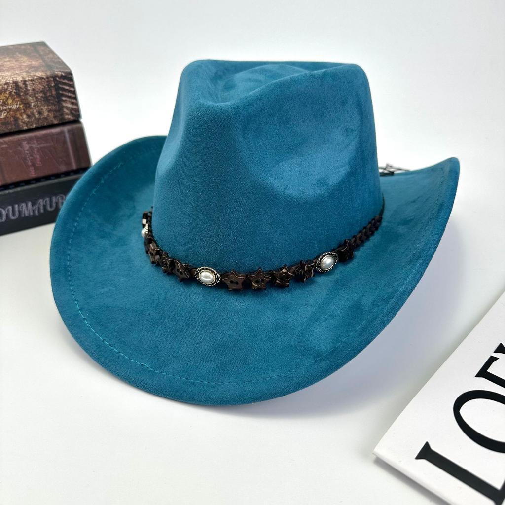 Western Cowboy Hat Women'S Wool British Suede Pearl Accessories Peach Heart Top Hat