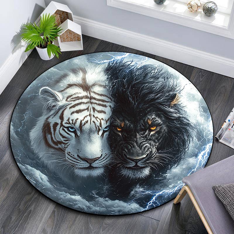 Yin Yang Tiger Lion Round Area Rug,Carpet Rug for Living Room Bedroom Sofa Playroom Decor,Non-slip Floor Mat