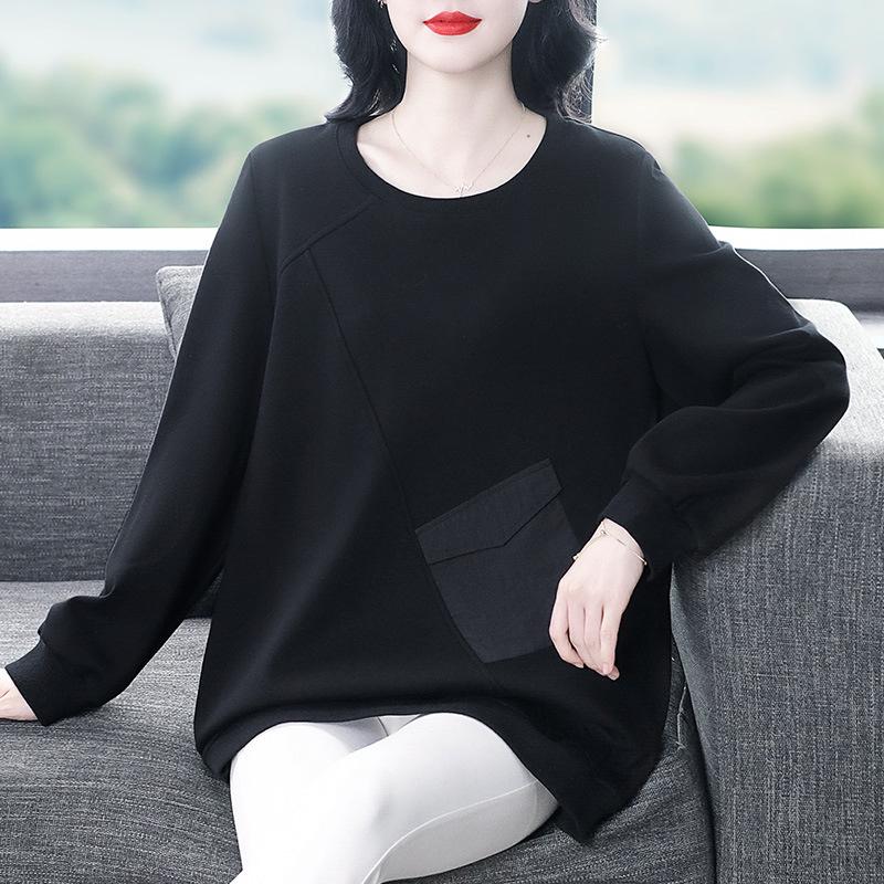 Plus Size Fleece-Lined Casual Loose Sweatshirt with Pockets - Slimming Long Sleeve Top for Middle-Aged Women