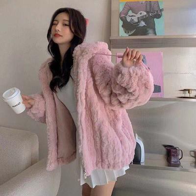 Imitation Fur Autumn and Winter New Coat Women's Imitation Rose Rabbit Hair Hooded Woven Thickened Loose Women's Clothing Outer Wear