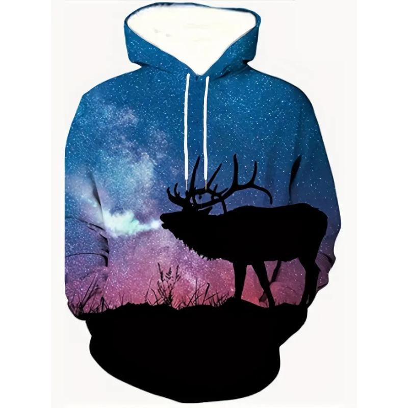 Stilvoller Kapuzenpullover für Herren mit Hirsch-/Elch-Aufdruck, bequem, 100 % Polyester, für den Winter und Herbst, Streetwear