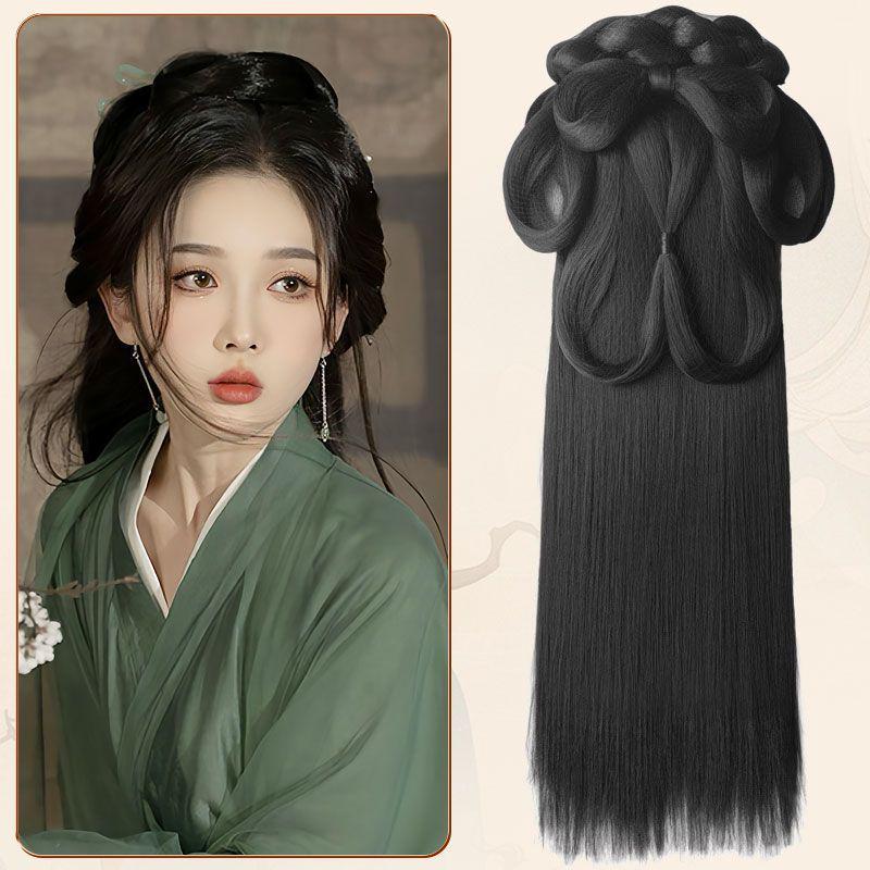 Wei Jin Headdress & Hanfu Costume Wig Set: Includes Warring States Robe, Hair Bun, Ma Mian Skirt, and Hair Accessories.