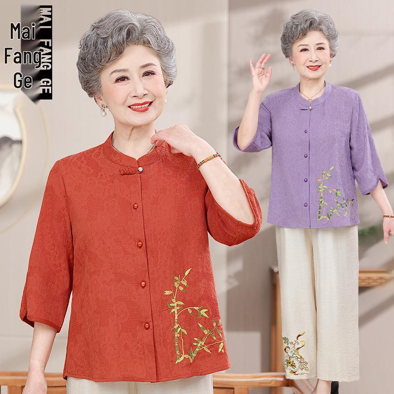 Women's Summer Cotton-Linen Set: 3/4 Sleeve Top & Two-Piece Outfit for Middle-Aged & Elderly