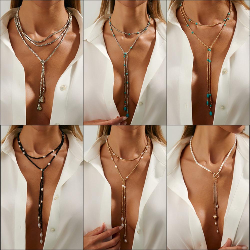 Personality Fashion Long CCB Imitation Pearls Beaded Multi-layer Fold Wear Necklace for Women Hip-hop Trend Collar Chain Jewelry