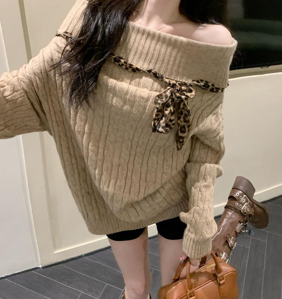 Korean Leopard Print Off-Shoulder Lace-Up Sweater - Women's Slim Fit Autumn/Winter Knitwear